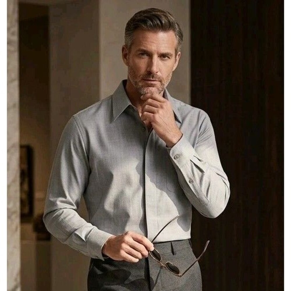 INSERCH Men’s Grey Pure Wool Button Shirt XL Italian Style Fine Tailored New